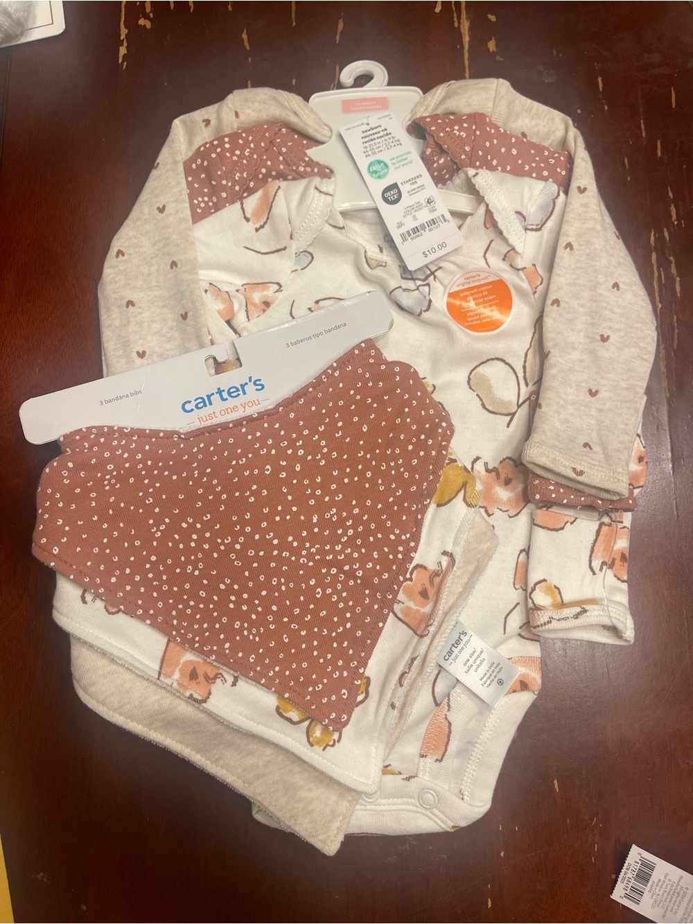 BUNDLE: Carter's Neutral Floral Bodysuits with Rust Dot Bandana Bibs